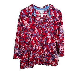 Alfred Dunner Shirt Women's Large Red Floral Button Up 3/4 Sleeve Collared Top